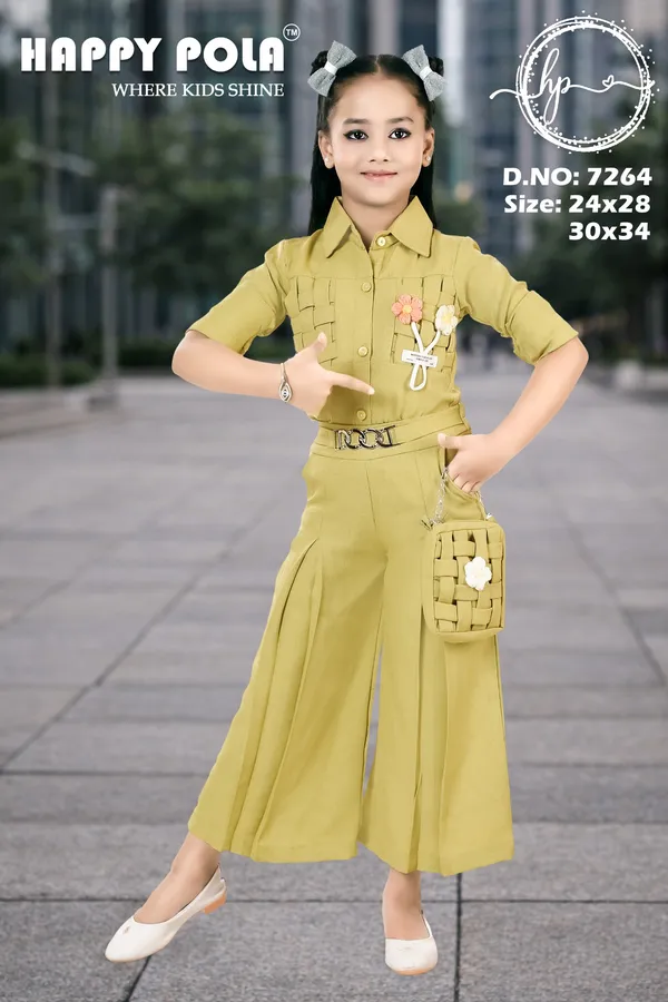 Olive_Green_Woven_Textured_Shirt_And_Palazzo_Set_For_Girls