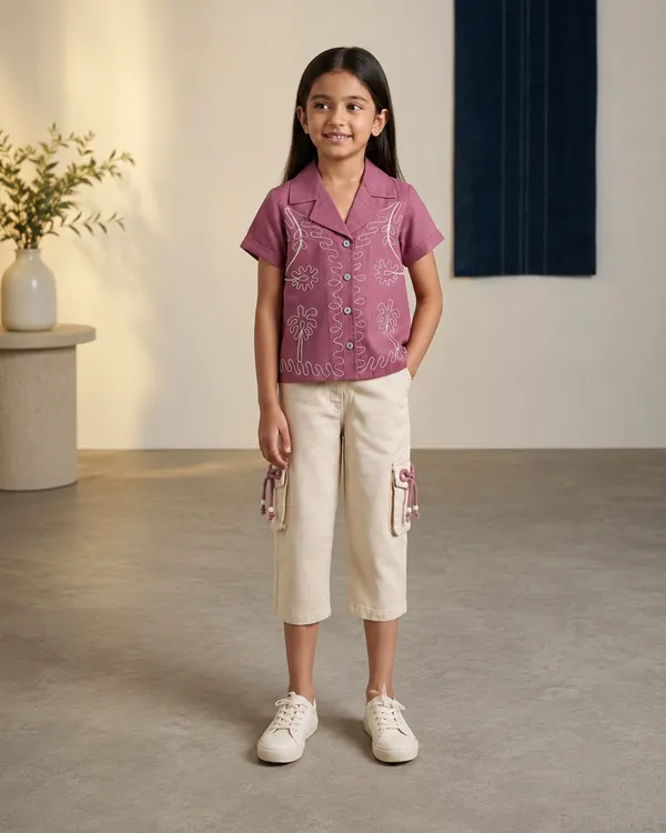 Pink_Embroidered_Shirt_With_Cream_Cargo_Pants_Set_For_Girls