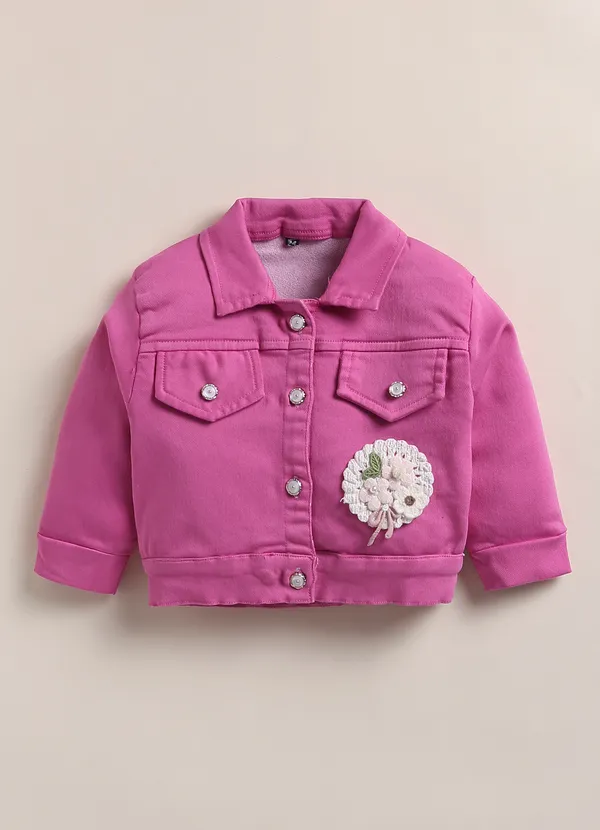 Pink_Denim_Jacket_White_Floral_Print_Dress_With_Leggings_For_Girls