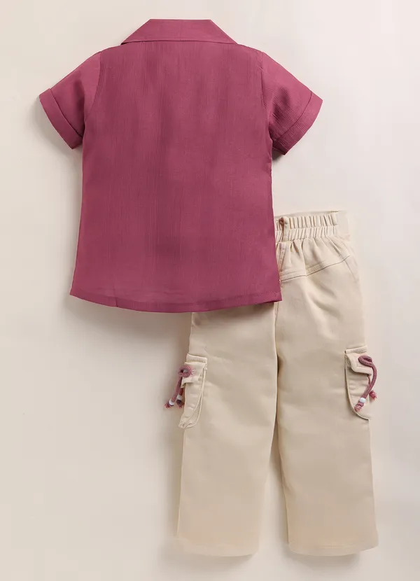 Pink_Embroidered_Shirt_With_Cream_Cargo_Pants_Set_For_Girls