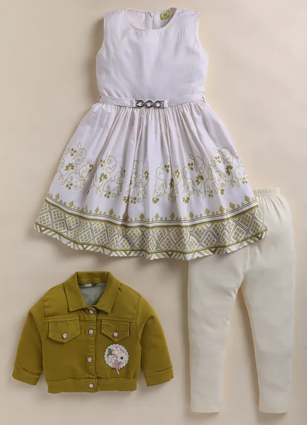Olive_Green_Denim_Jacket_White_Printed_Dress_Legging_Set_For_Girls