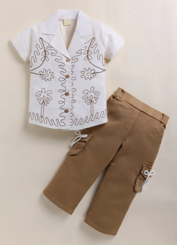 White_Cotton_Embroidered_Shirt_With_Khaki_Cargo_Pants_Set_For_Girls