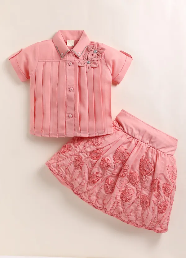 Pink_Pleated_Floral_Embroidered_Top_And_Skirt_Set_For_Girls
