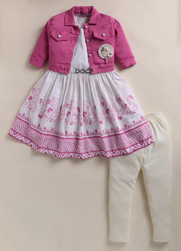 Pink_Denim_Jacket_White_Floral_Print_Dress_With_Leggings_For_Girls