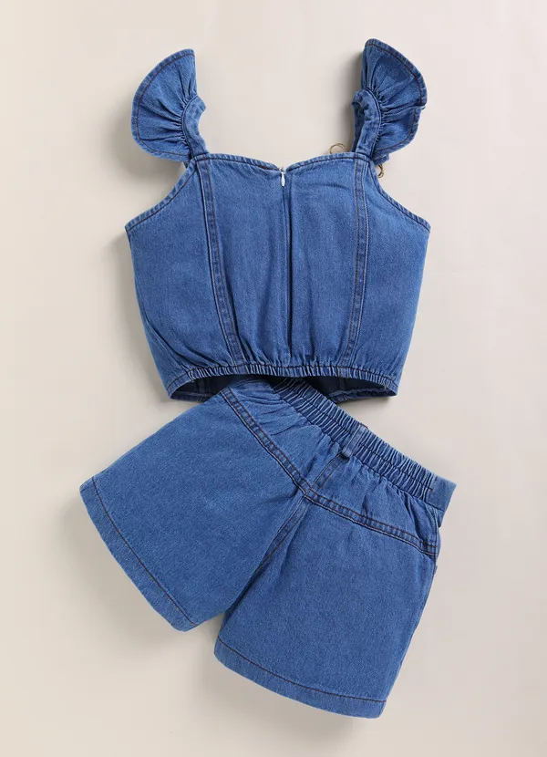 Blue_Denim_Ruffle_Sleeve_Top_And_Shorts_Set_For_Girls