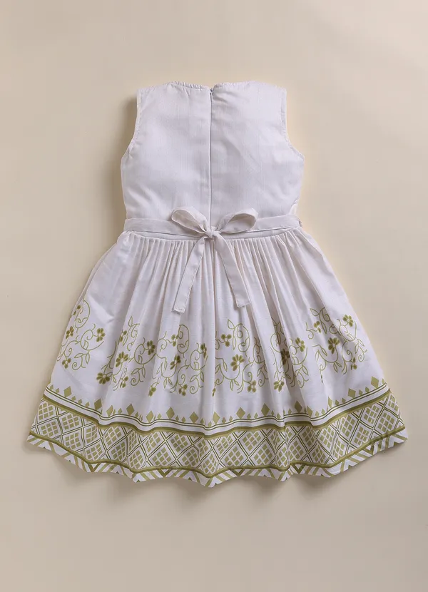 Olive_Green_Denim_Jacket_White_Printed_Dress_Legging_Set_For_Girls