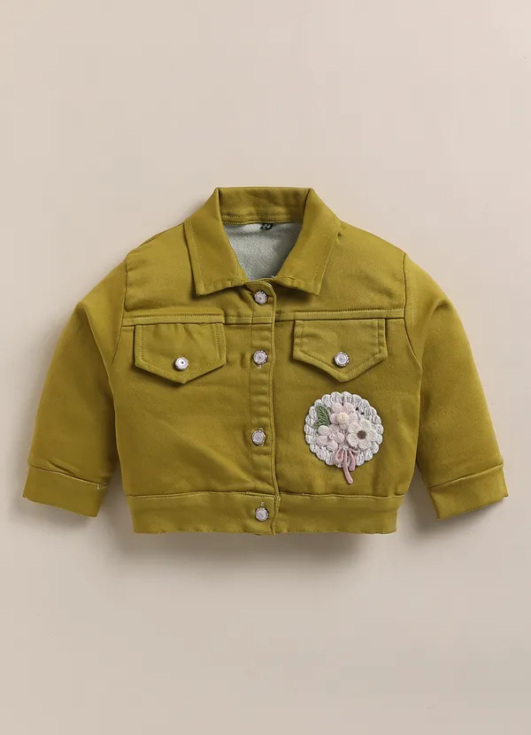 Olive_Green_Denim_Jacket_White_Printed_Dress_Legging_Set_For_Girls
