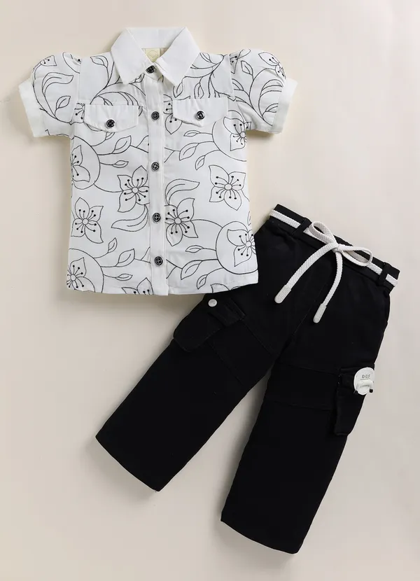 White_Floral_Print_Shirt_With_Black_Cargo_Pants_Set_For_Girls
