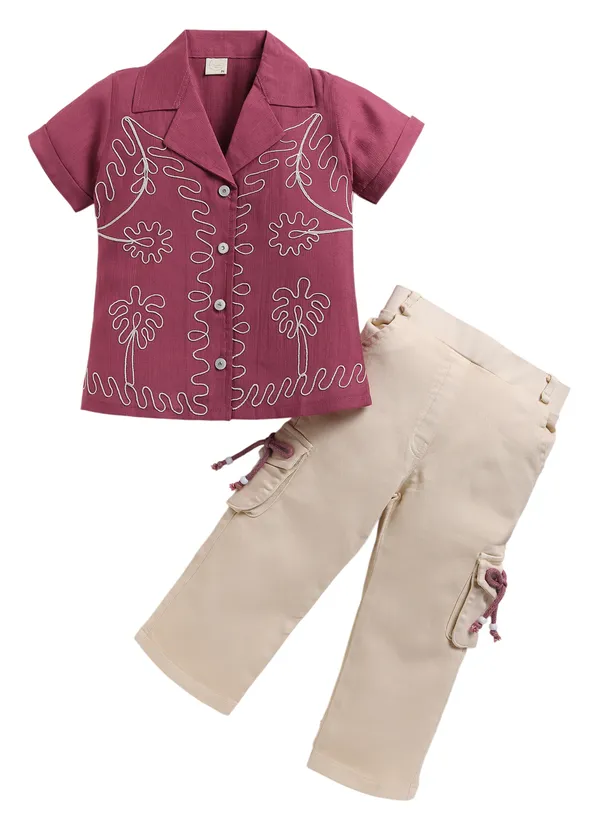 Pink_Embroidered_Shirt_With_Cream_Cargo_Pants_Set_For_Girls