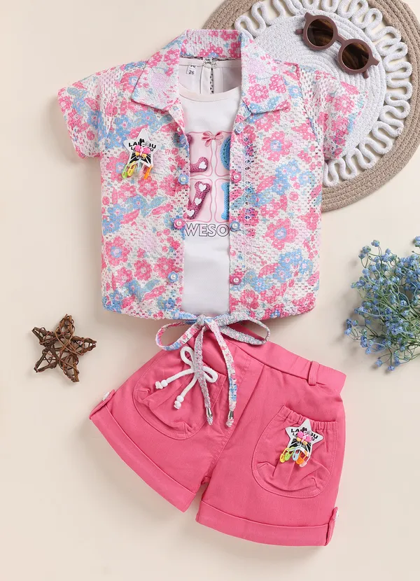 Pink_Floral_Print_Shirt_With_Inner_Tee_And_Shorts_Set_For_Girls