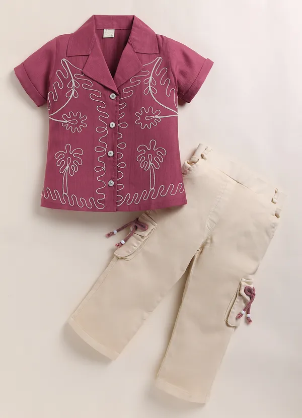 Pink_Embroidered_Shirt_With_Cream_Cargo_Pants_Set_For_Girls