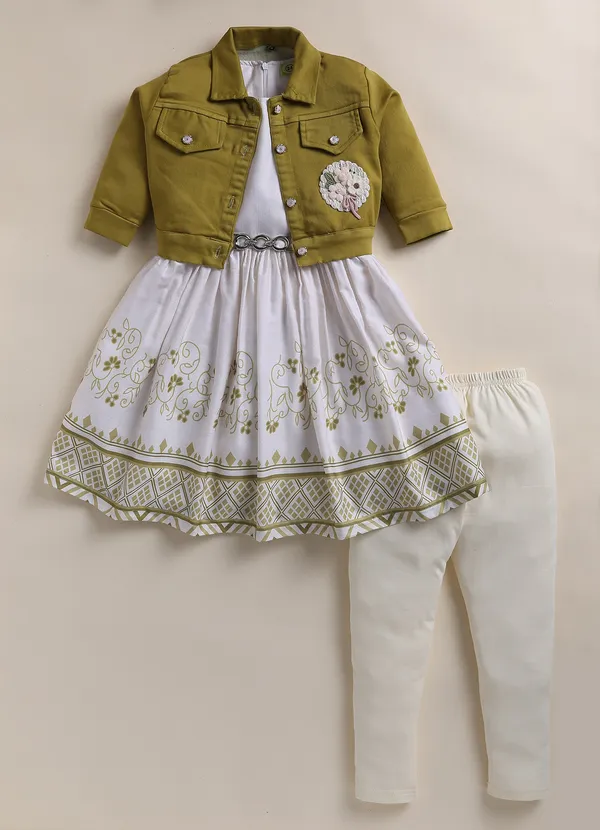 Olive_Green_Denim_Jacket_White_Printed_Dress_Legging_Set_For_Girls