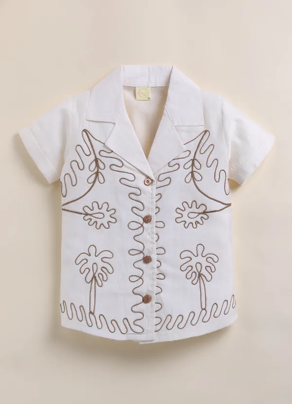 White_Cotton_Embroidered_Shirt_With_Khaki_Cargo_Pants_Set_For_Girls