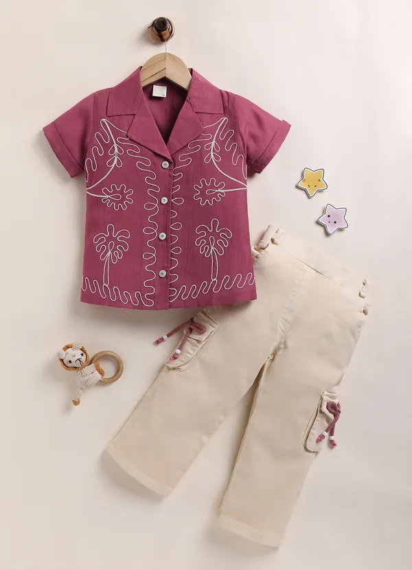 Pink_Embroidered_Shirt_With_Cream_Cargo_Pants_Set_For_Girls