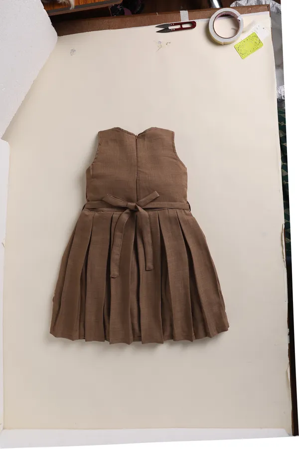 Brown_Sleeveless_Floral_Embroidered_Dress_With_Jacket_And_Leggings