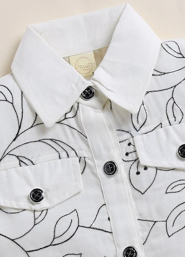 White_Floral_Print_Shirt_With_Black_Cargo_Pants_Set_For_Girls