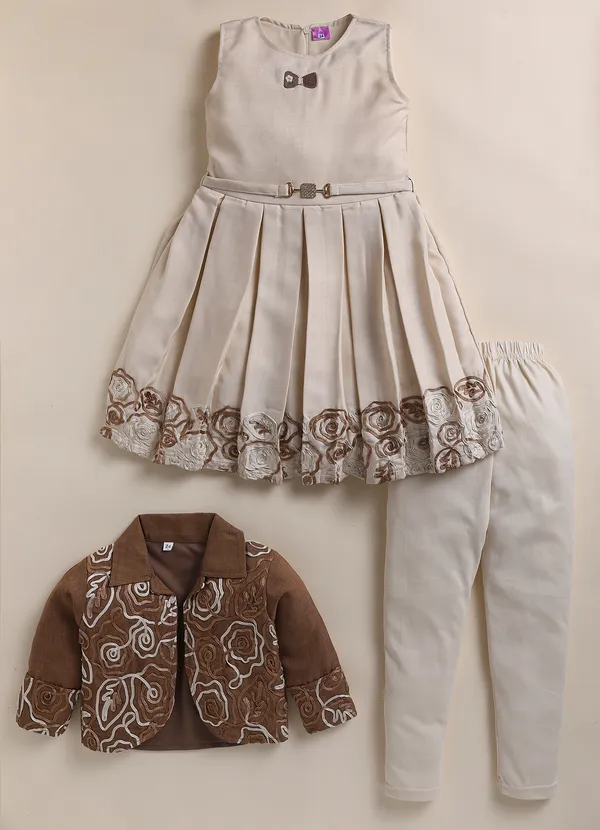 Beige_Cotton_Blend_Embroidered_Dress_With_Jacket_And_Leggings_For_Girls