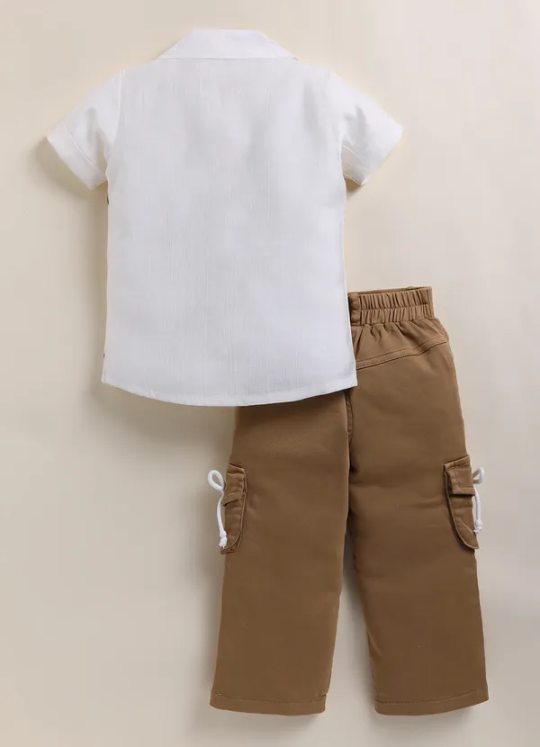 White_Cotton_Embroidered_Shirt_With_Khaki_Cargo_Pants_Set_For_Girls