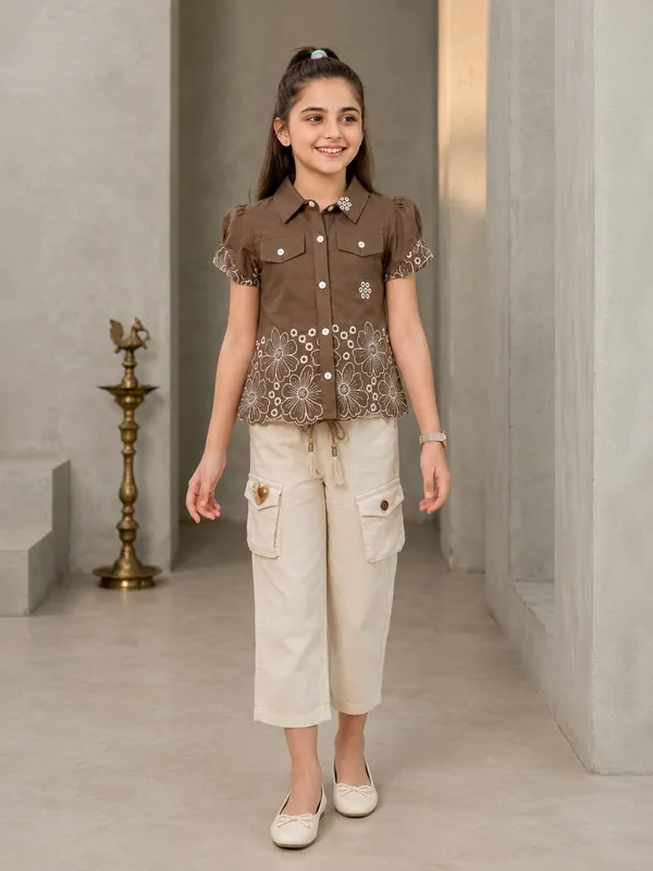 Brown_Cotton_Embroidered_Shirt_With_Beige_Cargo_Pants_For_Girls