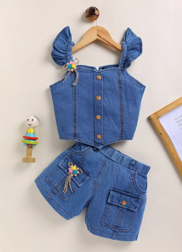 Blue_Denim_Ruffle_Sleeve_Top_And_Shorts_Set_For_Girls