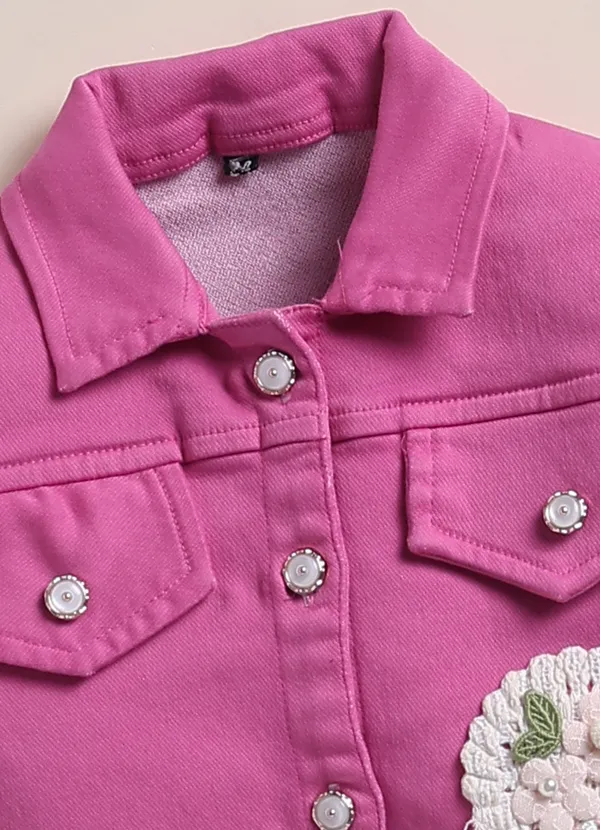 Pink_Denim_Jacket_White_Floral_Print_Dress_With_Leggings_For_Girls