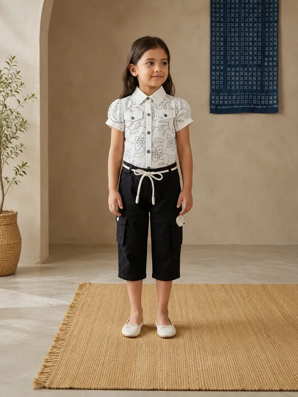 White_Floral_Print_Shirt_With_Black_Cargo_Pants_Set_For_Girls