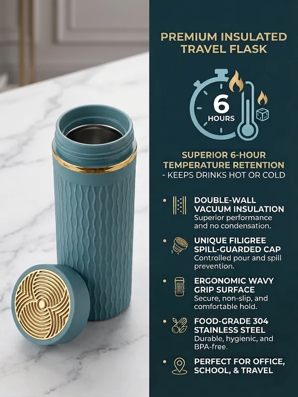 Stainless_Steel_Textured_Teal_Travel_Flask_With_Gold_Accents