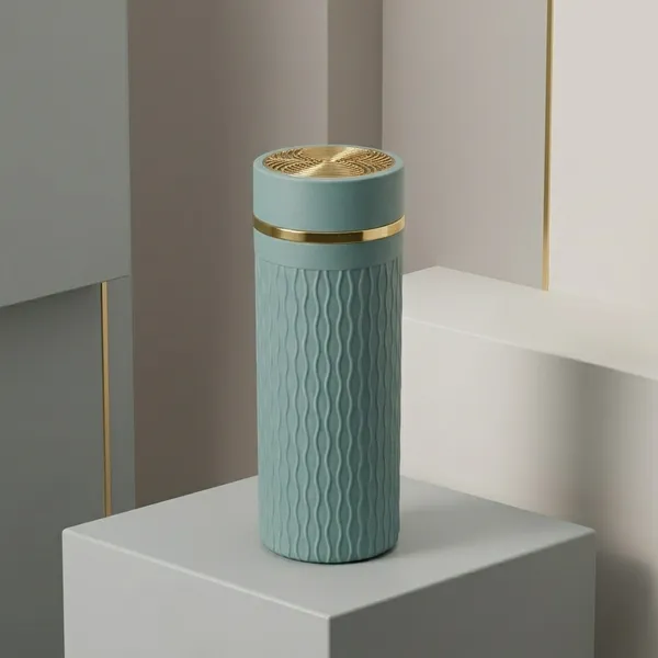 Stainless_Steel_Textured_Teal_Travel_Flask_With_Gold_Accents
