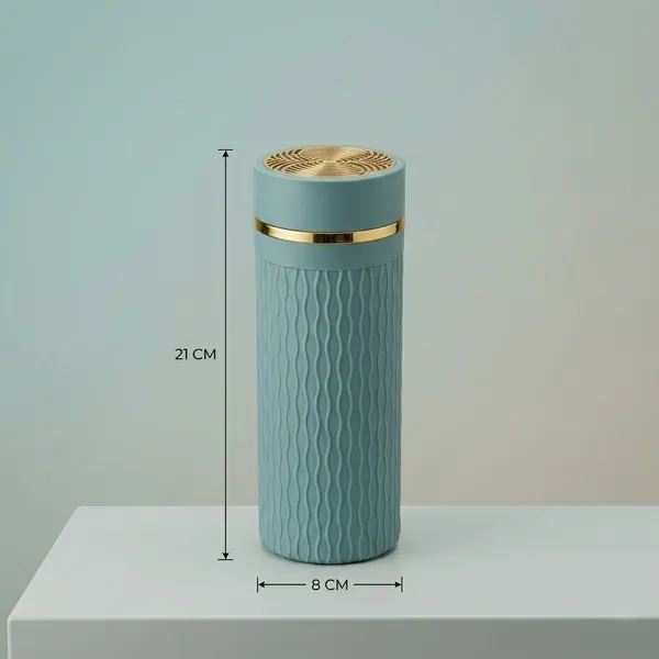 Stainless_Steel_Textured_Teal_Travel_Flask_With_Gold_Accents