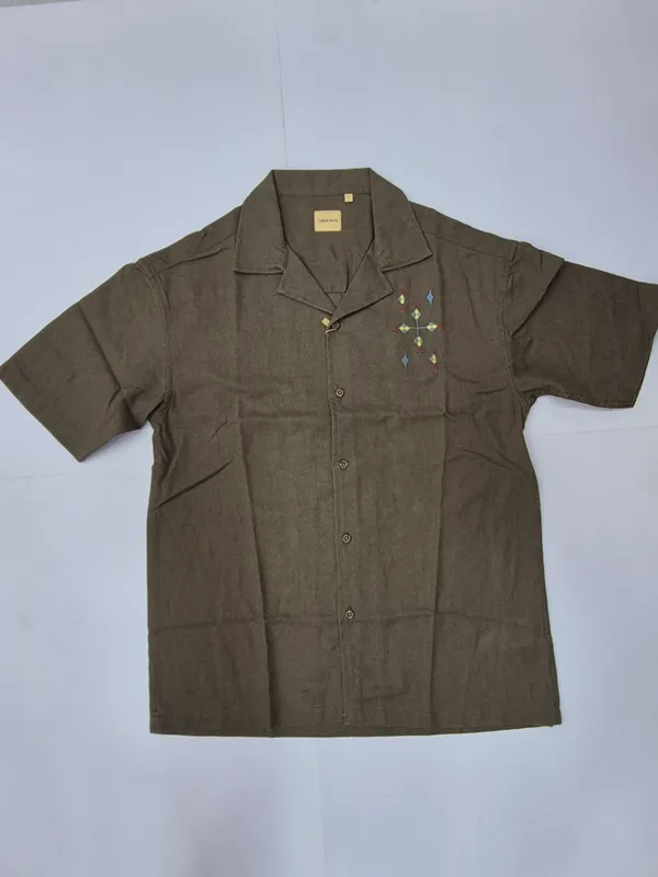 Khaki_Brown_Cuben_collor_Embriodery_Half_Sleeve_Shirt_for_Men