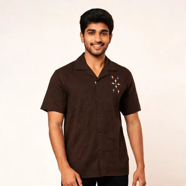 Brown_Cuben_collor_Embriodery_Half_Sleeve_Shirt_for_Men