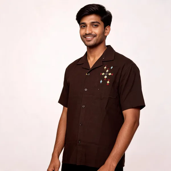 Brown_Cuben_collor_Embriodery_Half_Sleeve_Shirt_for_Men
