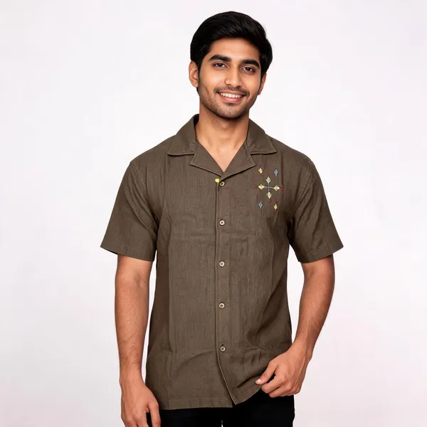 Khaki_Brown_Cuben_collor_Embriodery_Half_Sleeve_Shirt_for_Men