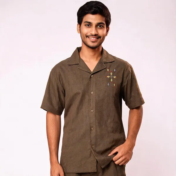Khaki_Brown_Cuben_collor_Embriodery_Half_Sleeve_Shirt_for_Men