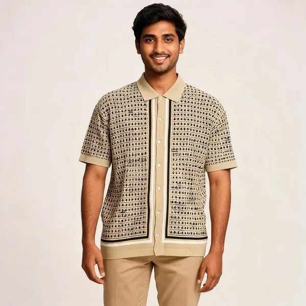Beige_Button_Knited_Geometric_Pattern_T-Shirt_for_Men