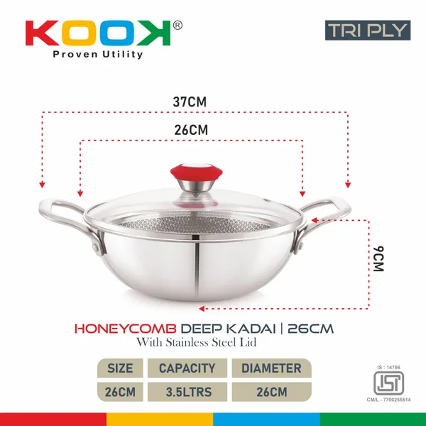 TRIPLYNONSTICK_(HONEY_COMB)_DEEP_KADAI_WITH_GLASS_LID