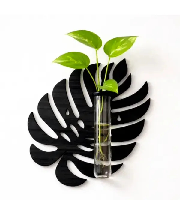 Wood_Black_Monstera_Leaf_Wall_Mounted_Glass_Vase_Planter