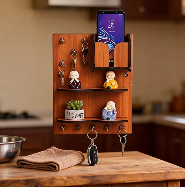 Wood_Rustic_Monk_Figurine_Wall_Mounted_Key_Holder_With_Mobile_Stand