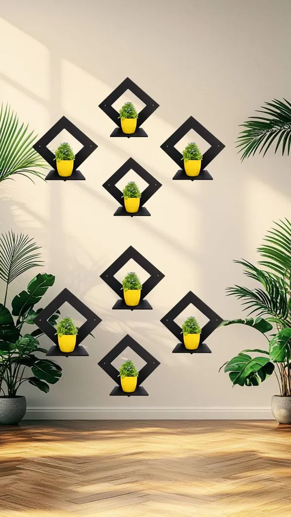 Metal_Geometric_Diamond_Wall_Shelf_With_Yellow_Planter_Pots