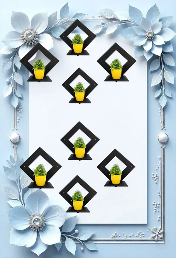 Metal_Black_Diamond_Shape_Wall_Shelf_With_Yellow_Planter_Pots_Set_Of_8