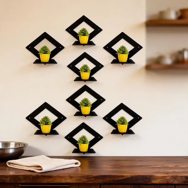 Metal_Black_Diamond_Shape_Wall_Shelf_With_Yellow_Planter_Pots_Set_Of_8