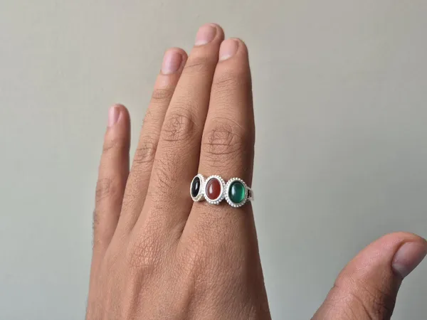 Multicolour_Agate_German_Silver_Tri-Stone_Handcrafted_Ring_For_Men