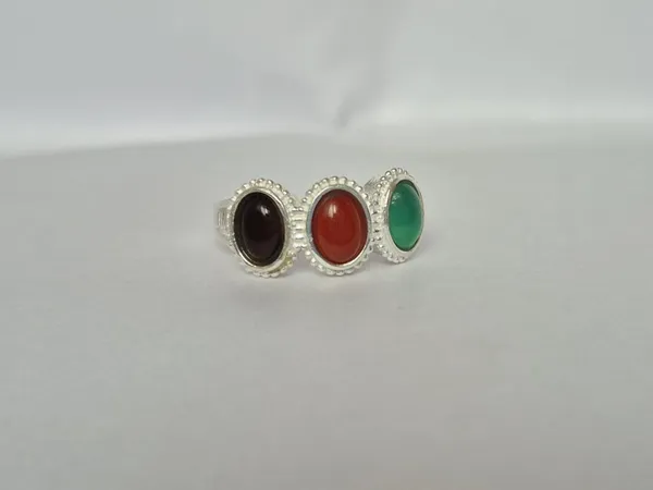 Multicolour_Agate_German_Silver_Tri-Stone_Handcrafted_Ring_For_Men
