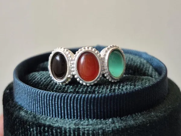 Multicolour_Agate_German_Silver_Tri-Stone_Handcrafted_Ring_For_Men