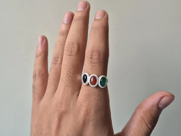Multicolour_Agate_German_Silver_Tri-Stone_Handcrafted_Ring_For_Men