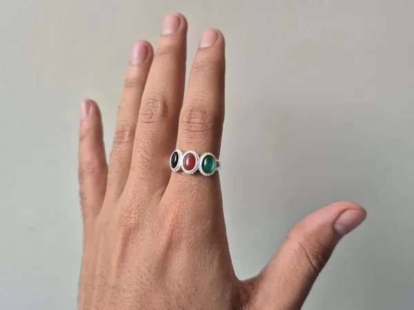 Multicolour_Agate_German_Silver_Tri-Stone_Handcrafted_Ring_For_Men