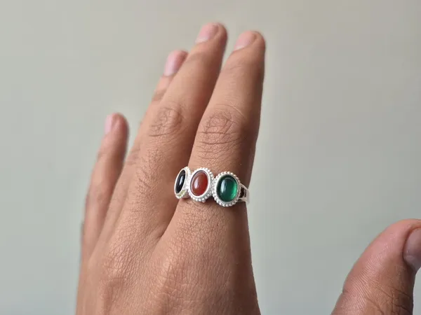 Multicolour_Agate_German_Silver_Tri-Stone_Handcrafted_Ring_For_Men