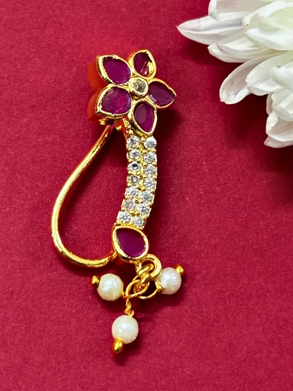 18K_Gold-Plated_Floral_Enamel_Ruby_Pink_Stone_Nath_Nose_Pin_With_Pearl_Marathi_Nosepin