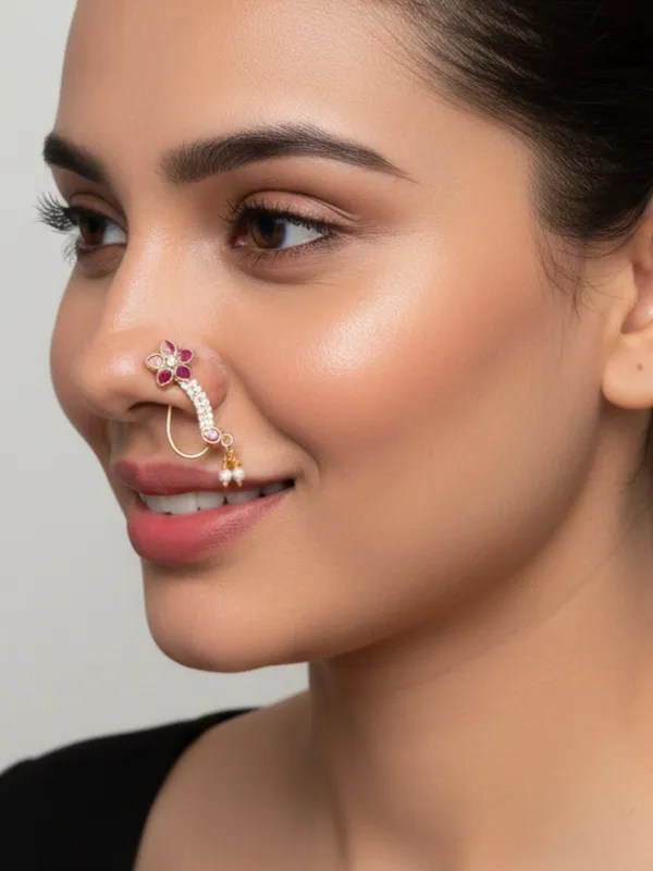 18K_Gold-Plated_Floral_Enamel_Ruby_Pink_Stone_Nath_Nose_Pin_With_Pearl_Marathi_Nosepin