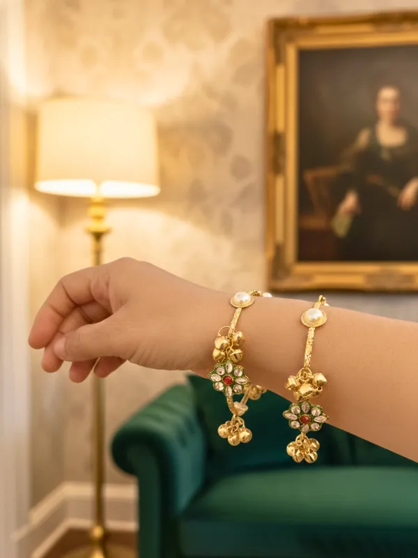 2Pcs_Gold_Toned_Adjustable_Kundan_Ghungroo_Traditional_Bangles